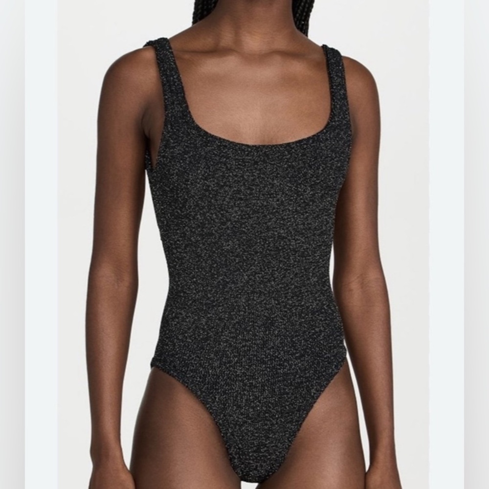 Hunza G Black Metallic Gold Lurex One Piece Crinkled Swimsuit OS NWT✨unique ✨ - Picture 3 of 16